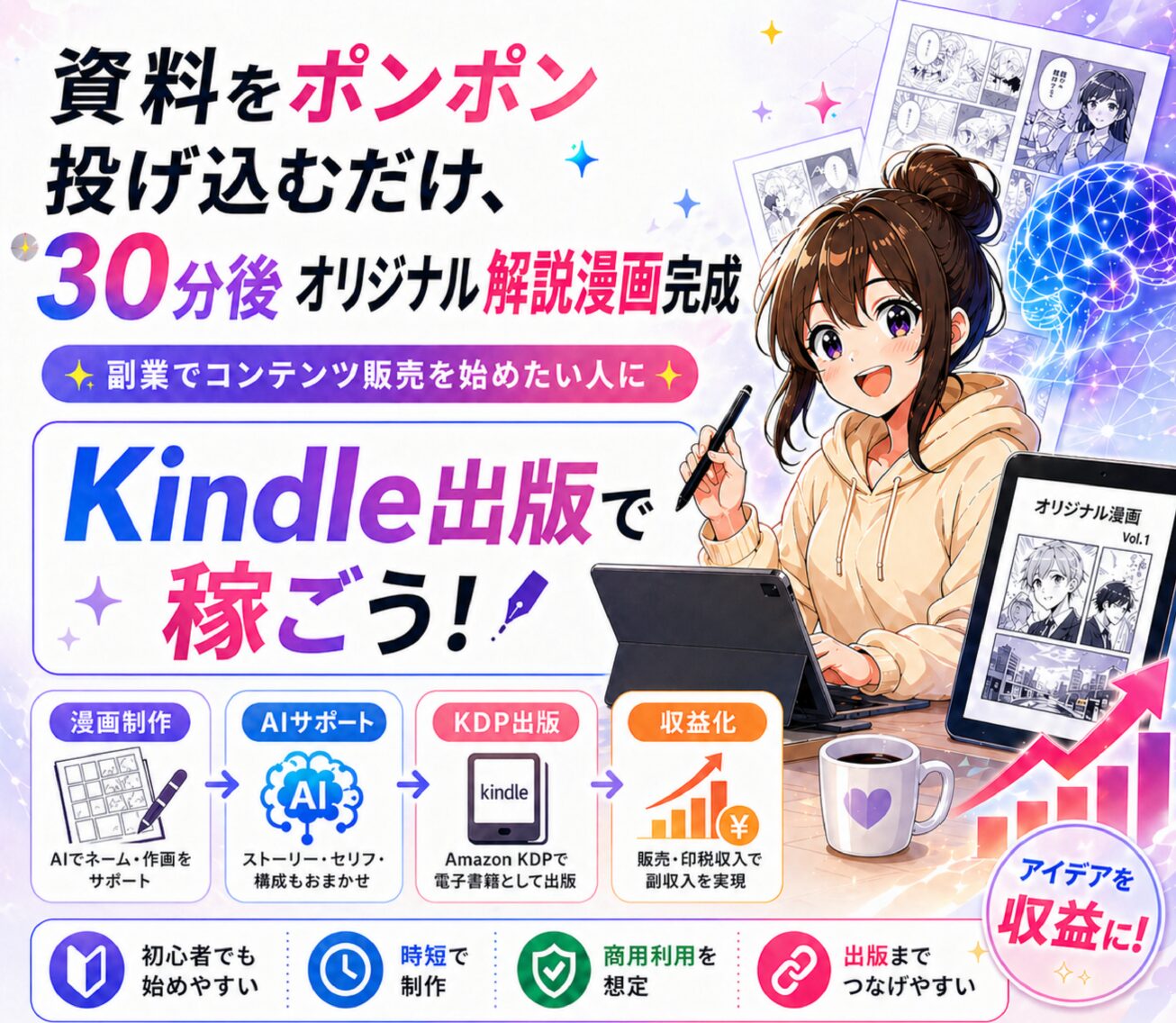 絵が描けないド素人でも、資料や専門書をコピペするだけで「オリジナル解説漫画」が自動完成。Kindle出版で毎月の不労所得（印税）が狙える！